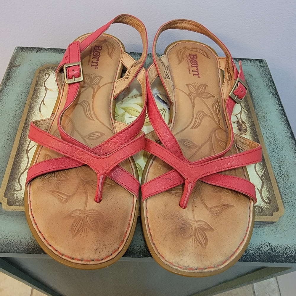 Born Leather Red Strappy Flat Sandal Size 8